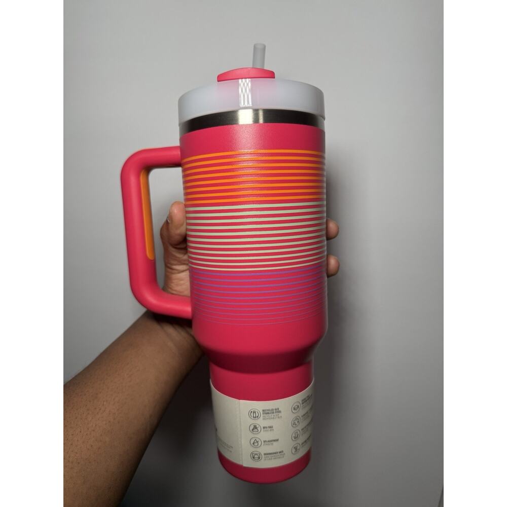 Stanley X Scheels Exclusive MAGENTA HYPER STRIPE 40oz Quencher Tumbler BNWT - Picture 5 of 7